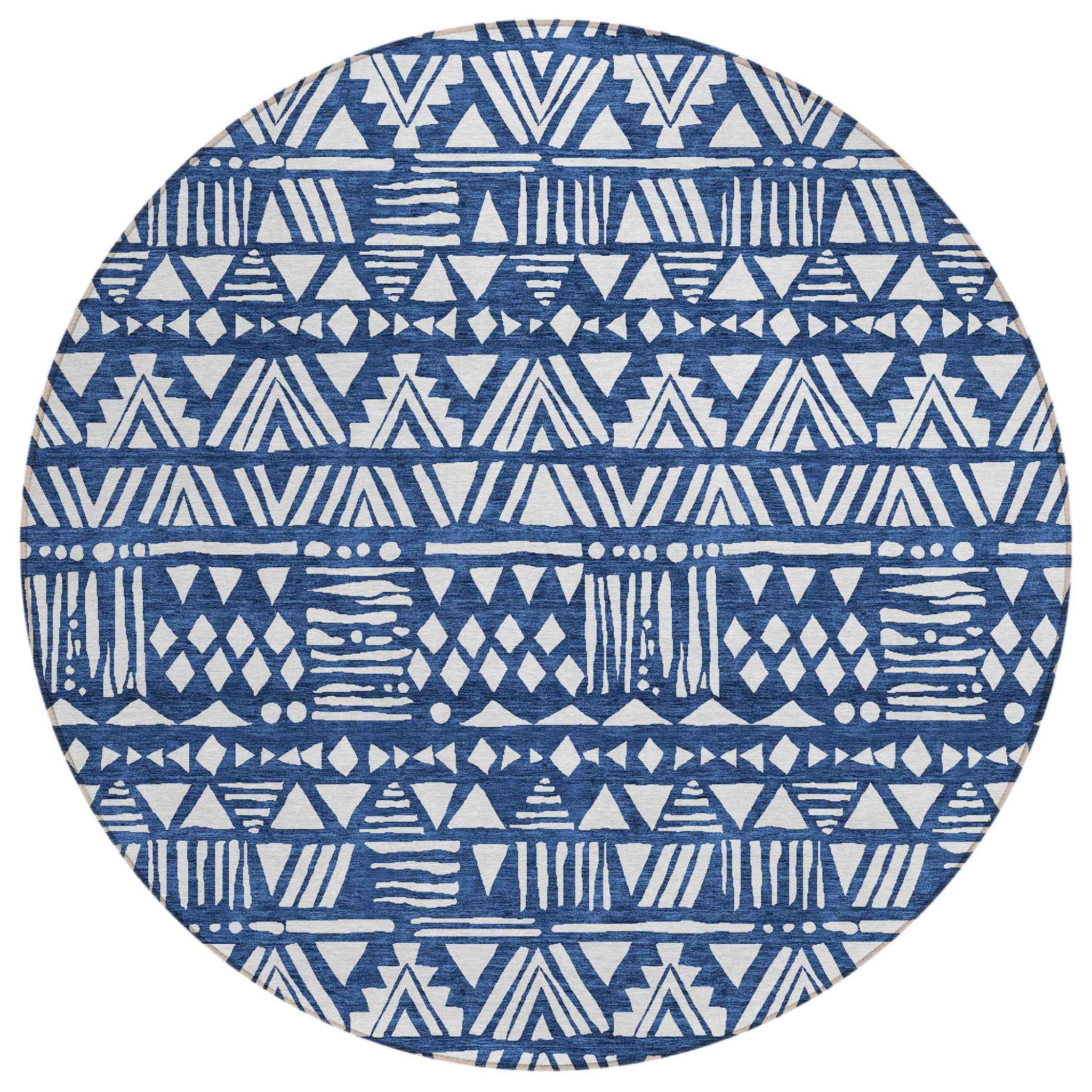 8' Navy Blue And Ivory Round Southwestern Washable Indoor Outdoor Area Rug