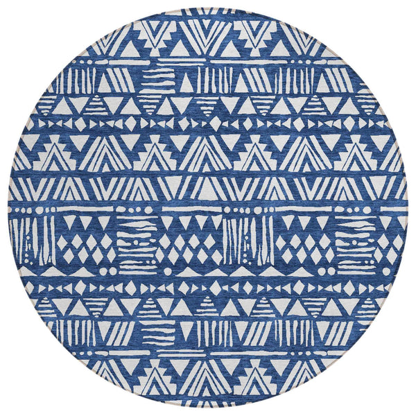 8' Navy Blue And Ivory Round Southwestern Washable Indoor Outdoor Area Rug