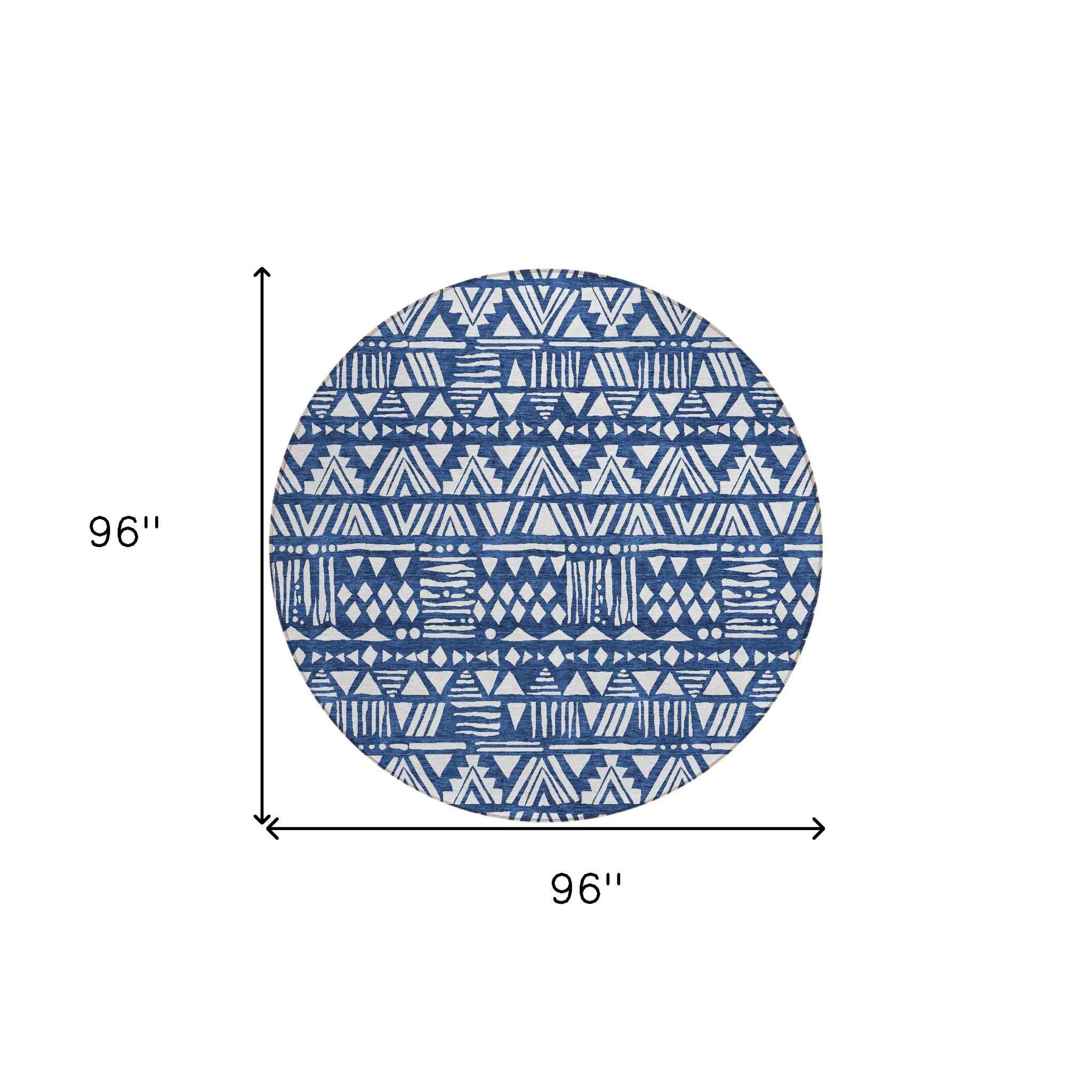 8' Navy Blue And Ivory Round Southwestern Washable Indoor Outdoor Area Rug