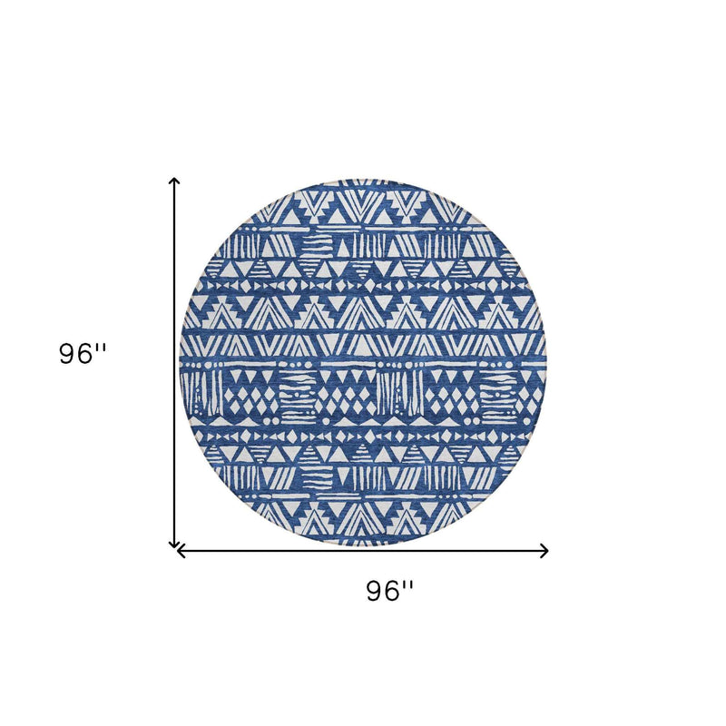 8' Navy Blue And Ivory Round Southwestern Washable Indoor Outdoor Area Rug