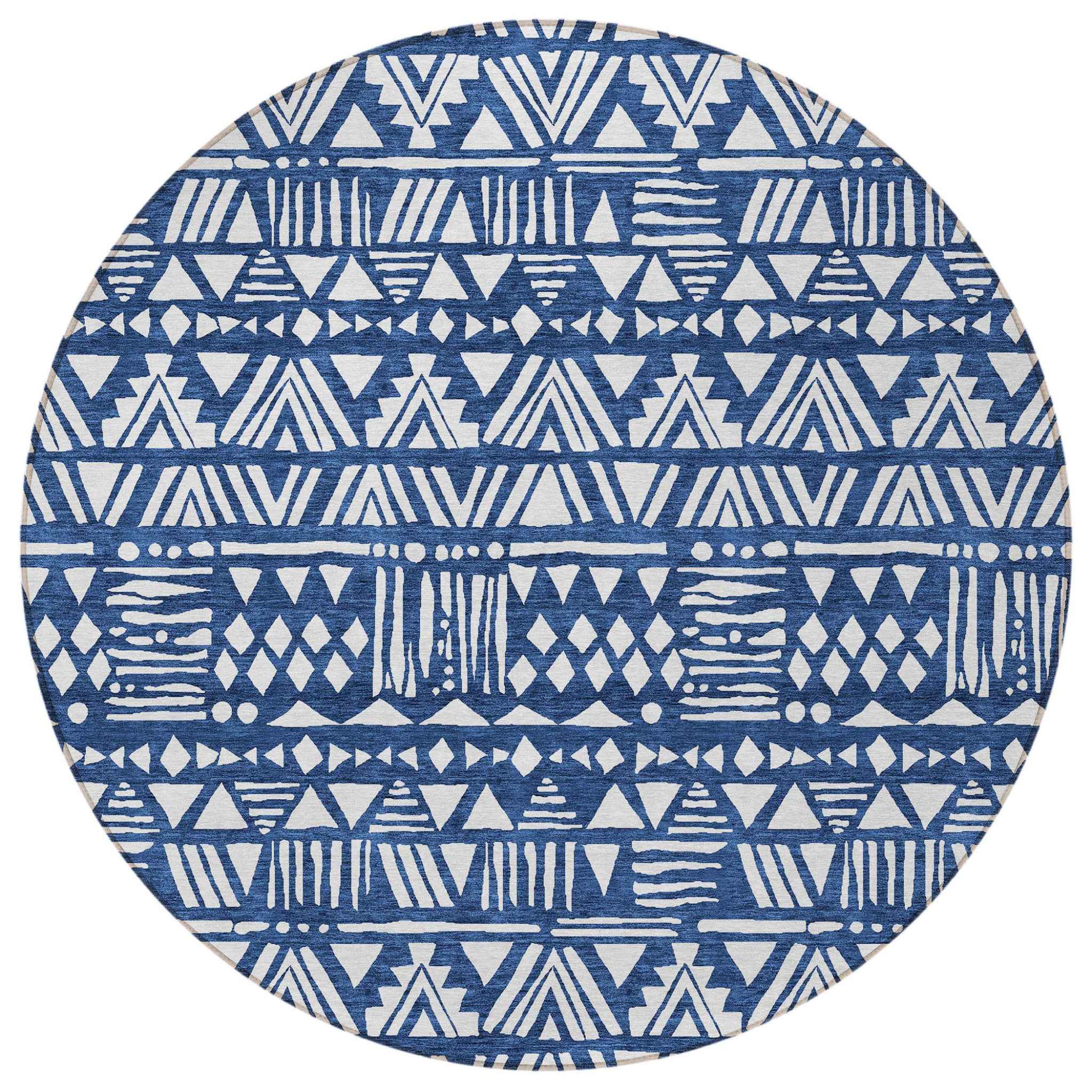 8' Navy Blue And Ivory Round Southwestern Washable Indoor Outdoor Area Rug
