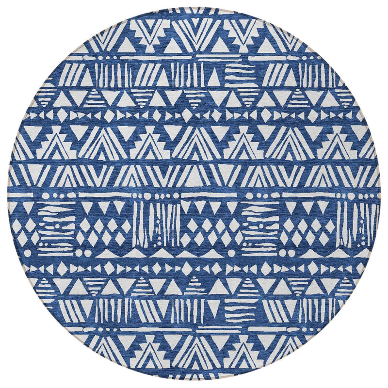 8' Navy Blue And Ivory Round Southwestern Washable Indoor Outdoor Area Rug