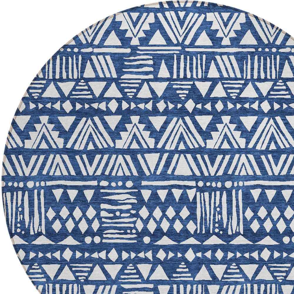 8' Navy Blue And Ivory Round Southwestern Washable Indoor Outdoor Area Rug