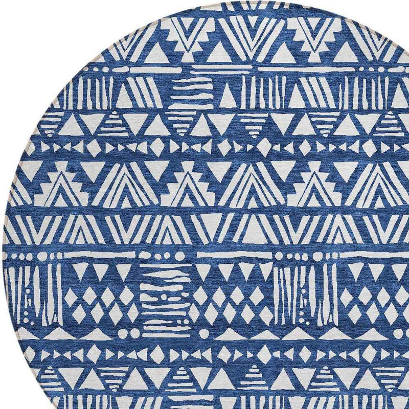 8' Navy Blue And Ivory Round Southwestern Washable Indoor Outdoor Area Rug