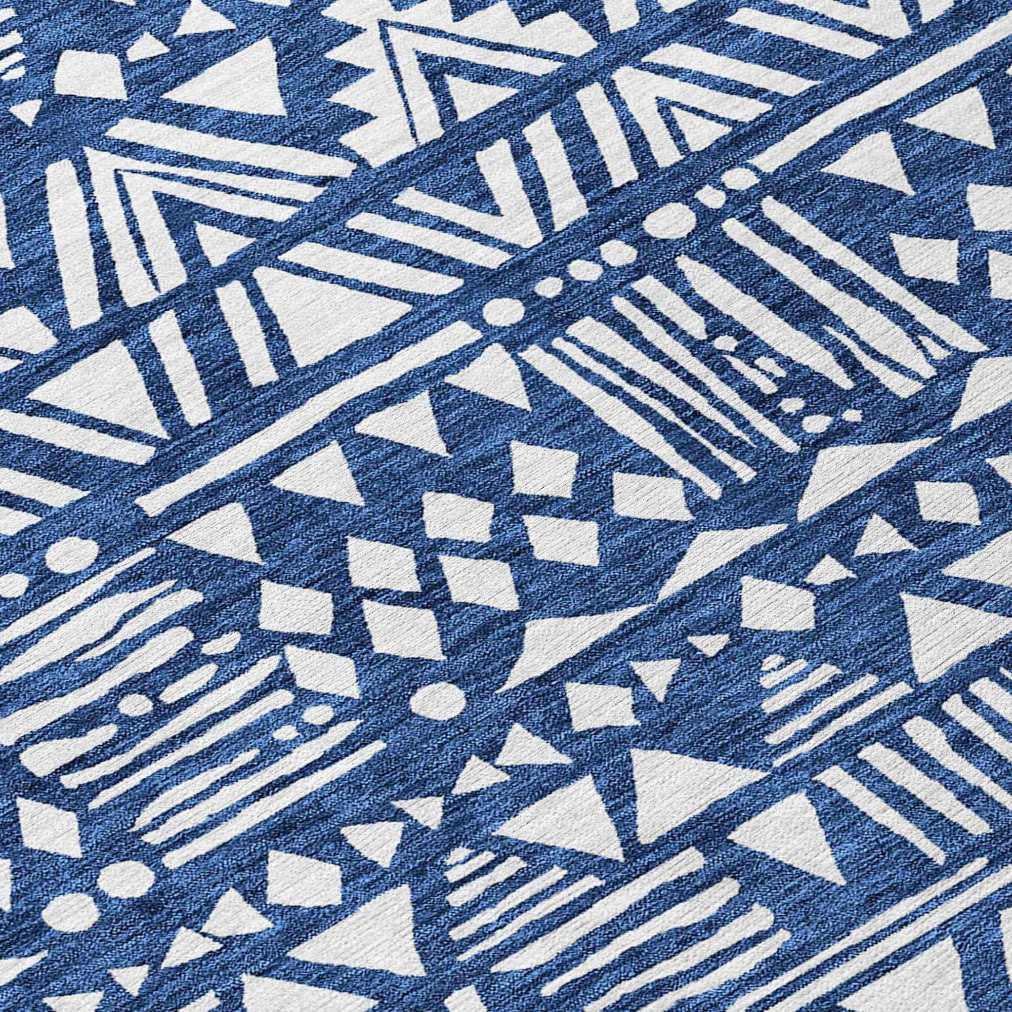 8' Navy Blue And Ivory Round Southwestern Washable Indoor Outdoor Area Rug