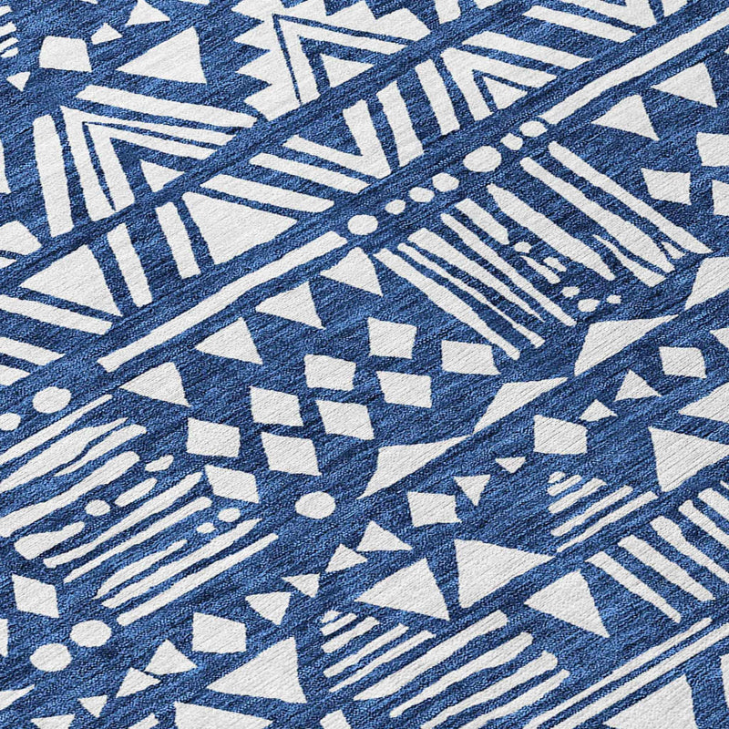 8' Navy Blue And Ivory Round Southwestern Washable Indoor Outdoor Area Rug