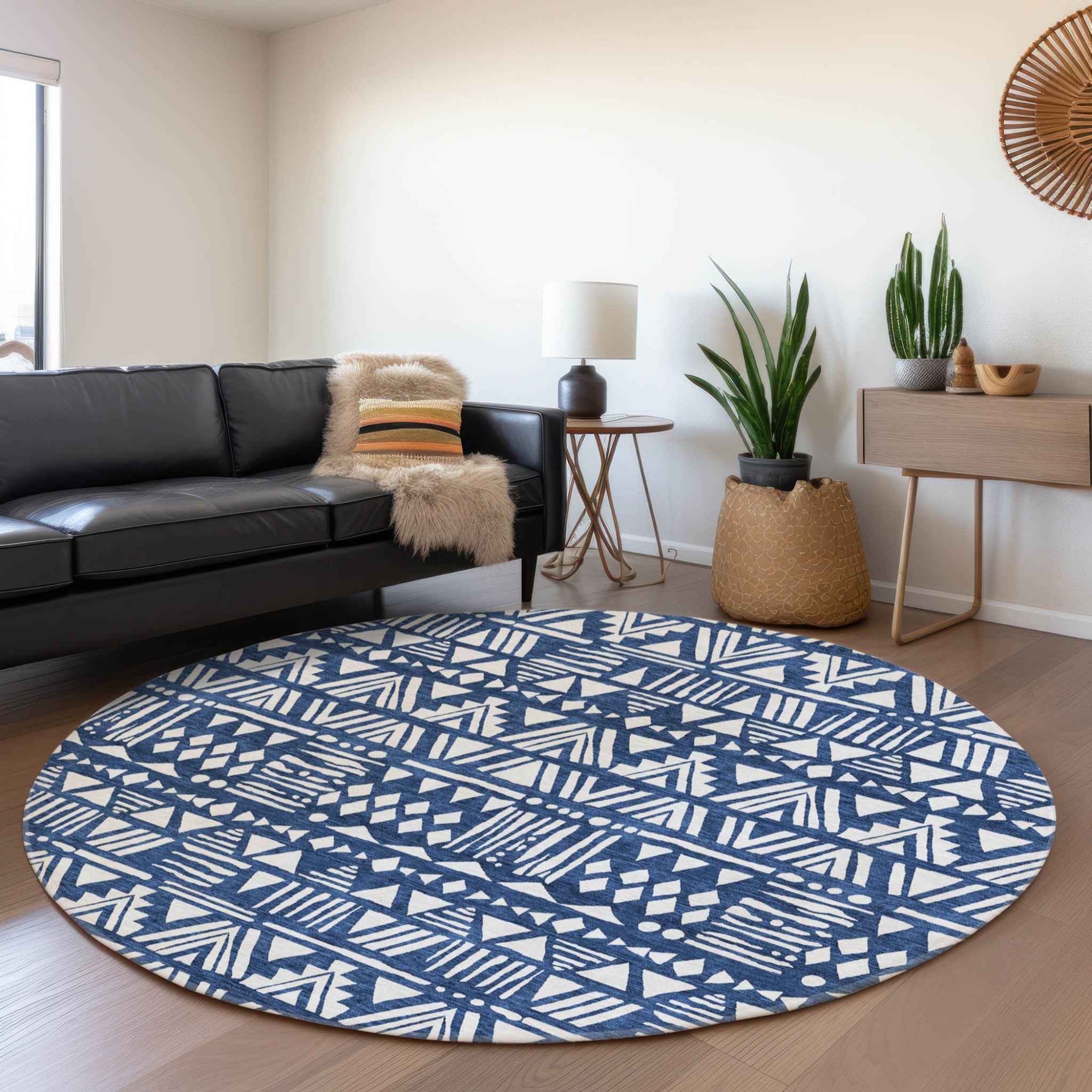 8' Navy Blue And Ivory Round Southwestern Washable Indoor Outdoor Area Rug