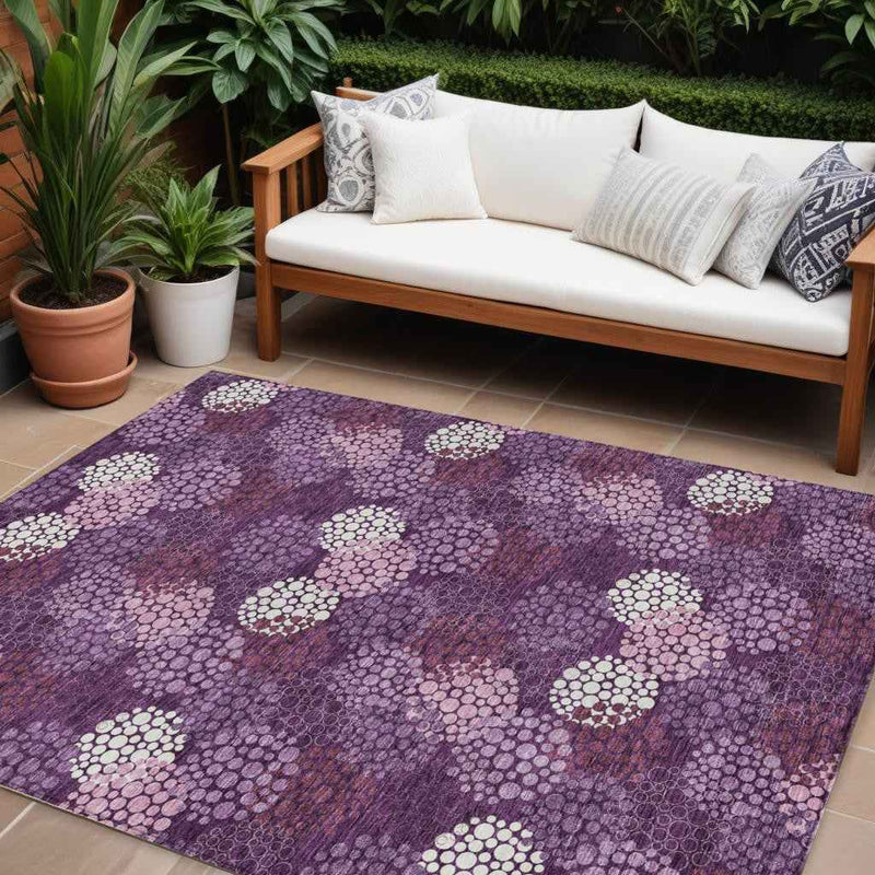 8' X 10' Eggplant Lavender And Ivory Polka Dot Washable Indoor Outdoor Area Rug