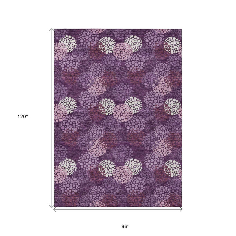 8' X 10' Eggplant Lavender And Ivory Polka Dot Washable Indoor Outdoor Area Rug