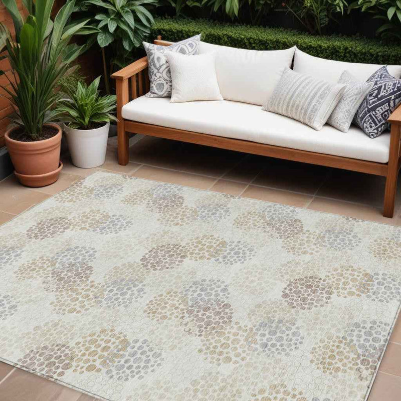 8' X 10' Ivory Brown And Gray Polka Dot Washable Indoor Outdoor Area Rug