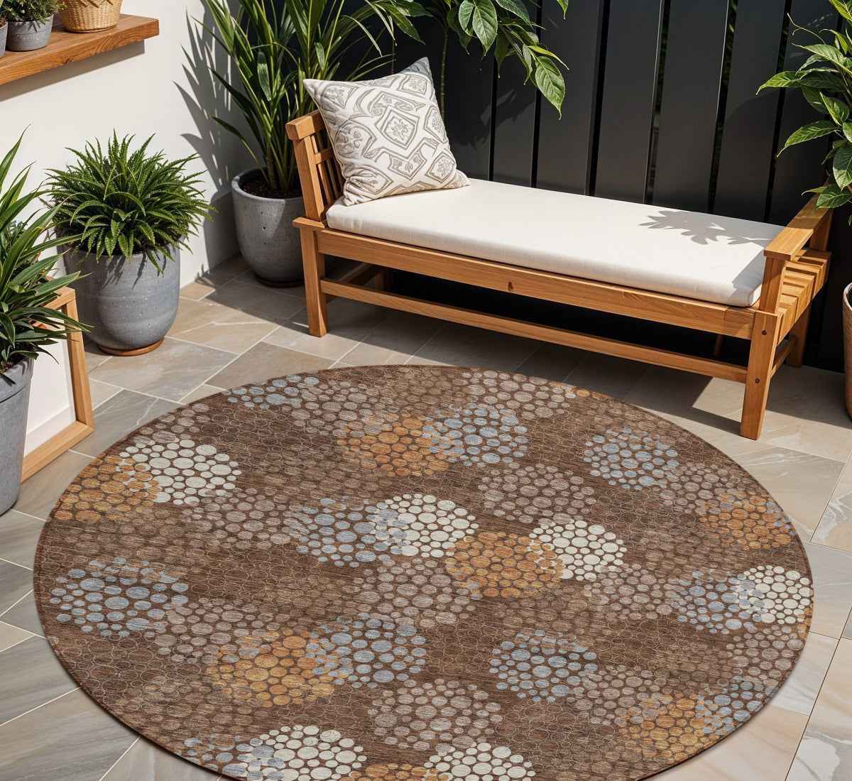 8' Brown Gray And Ivory Round Polka Dot Washable Indoor Outdoor Area Rug
