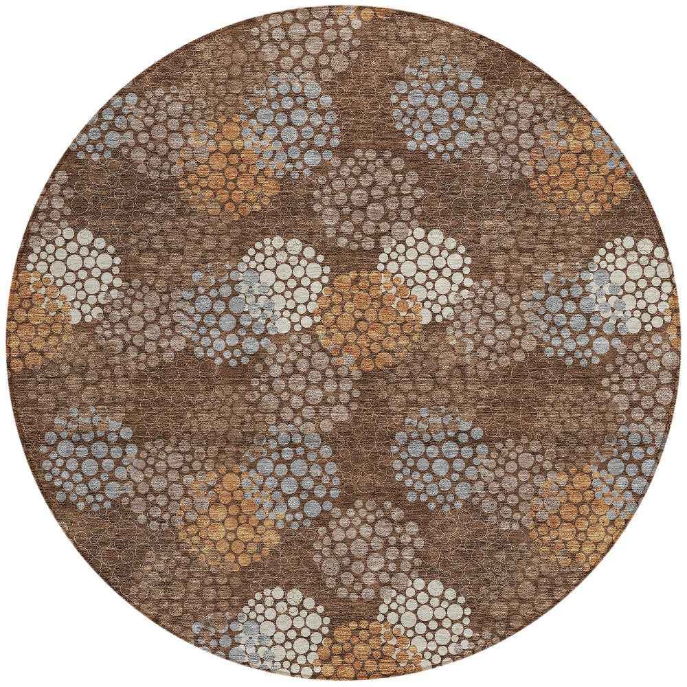 8' Brown Gray And Ivory Round Polka Dot Washable Indoor Outdoor Area Rug