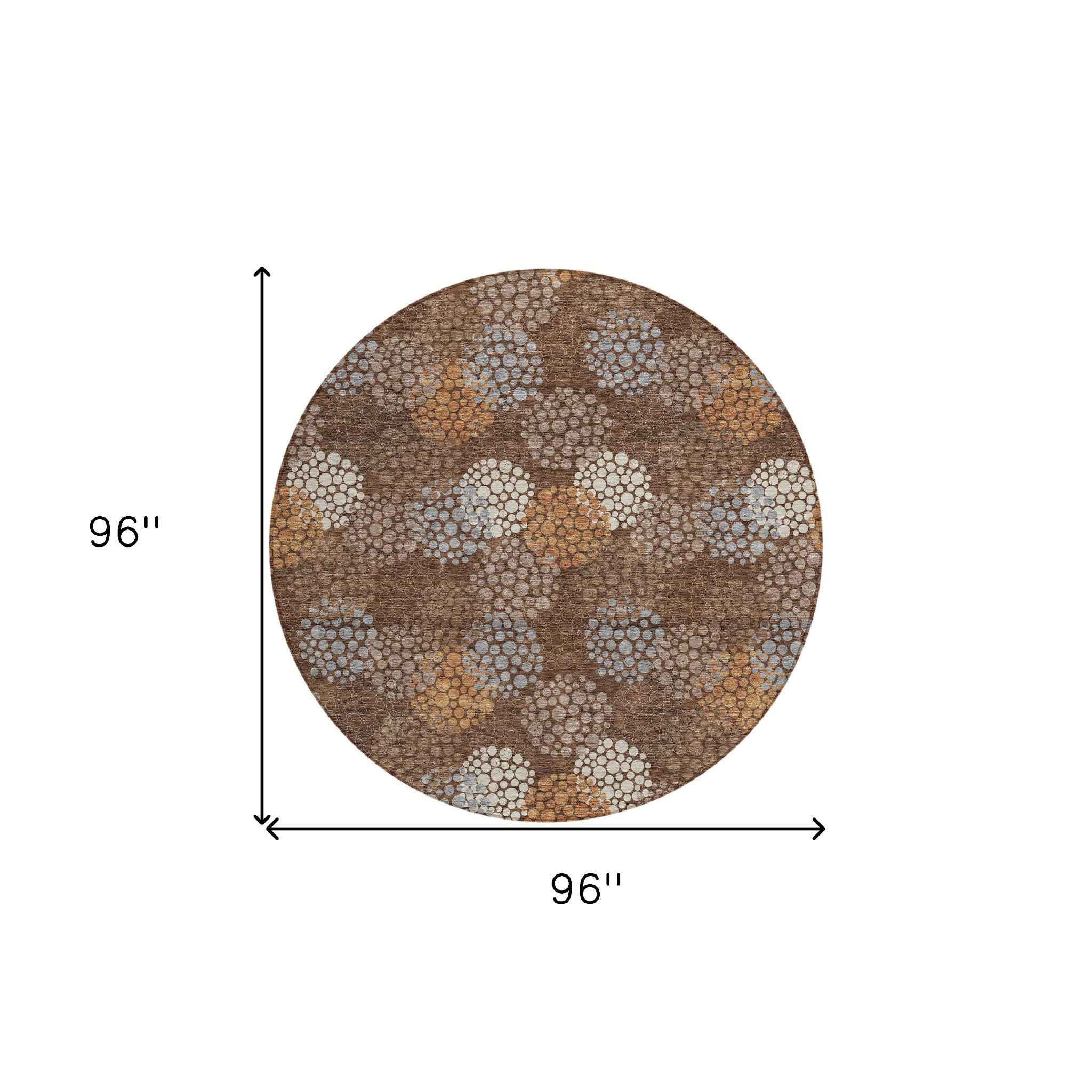 8' Brown Gray And Ivory Round Polka Dot Washable Indoor Outdoor Area Rug