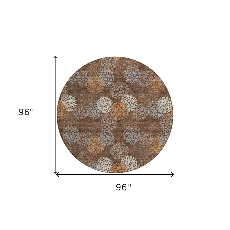 8' Brown Gray And Ivory Round Polka Dot Washable Indoor Outdoor Area Rug