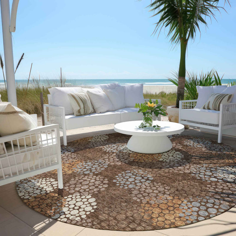 8' Brown Gray And Ivory Round Polka Dot Washable Indoor Outdoor Area Rug