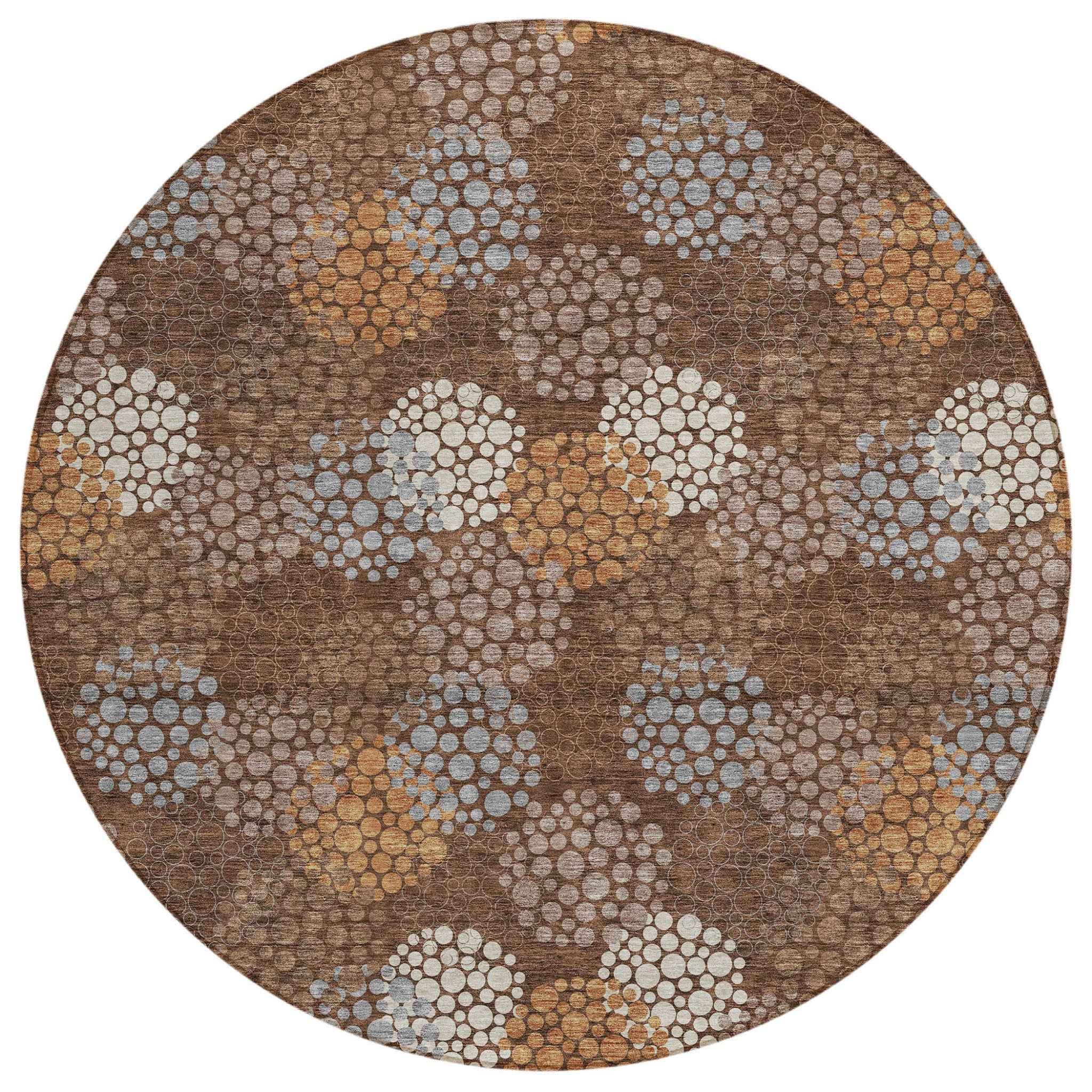 8' Brown Gray And Ivory Round Polka Dot Washable Indoor Outdoor Area Rug