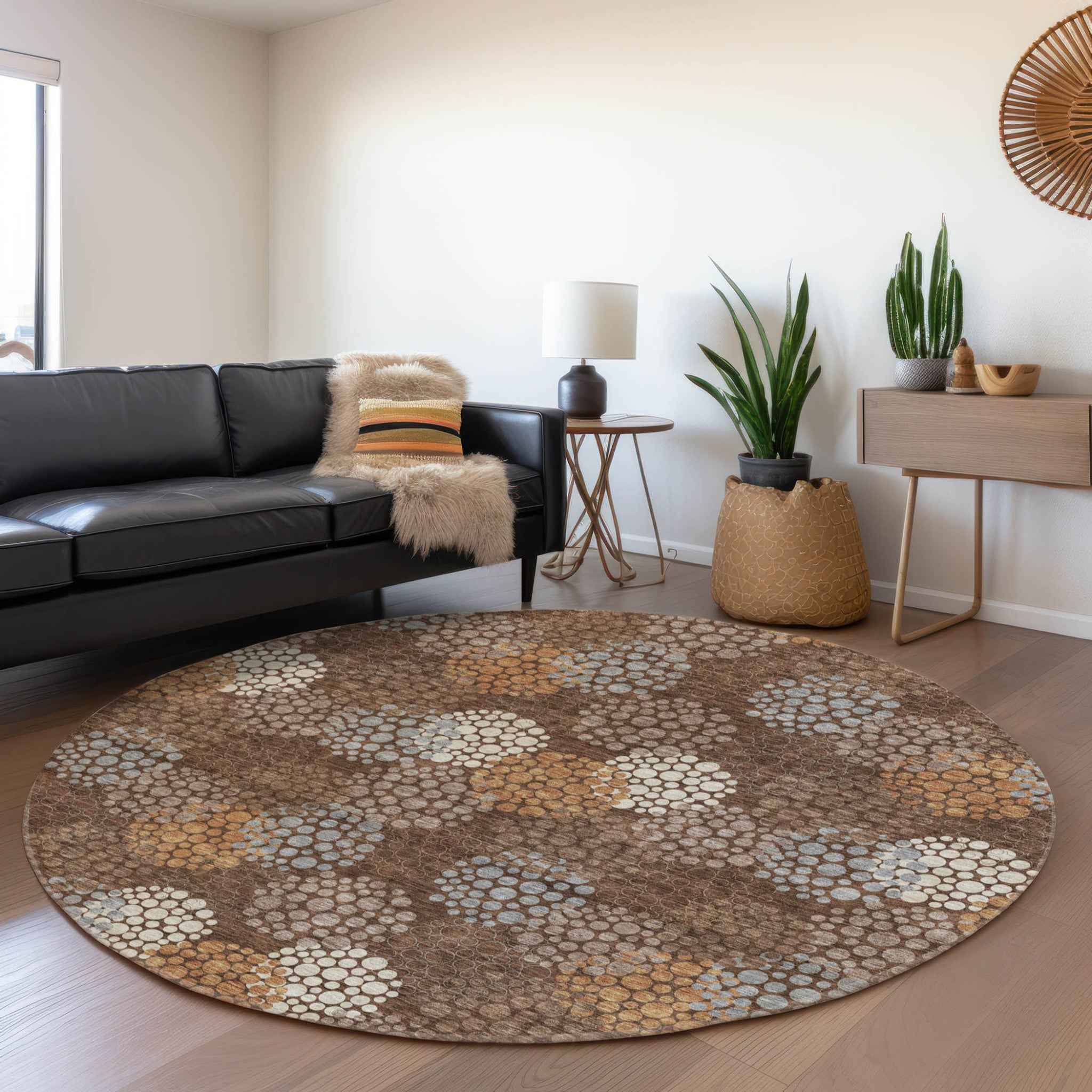 8' Brown Gray And Ivory Round Polka Dot Washable Indoor Outdoor Area Rug