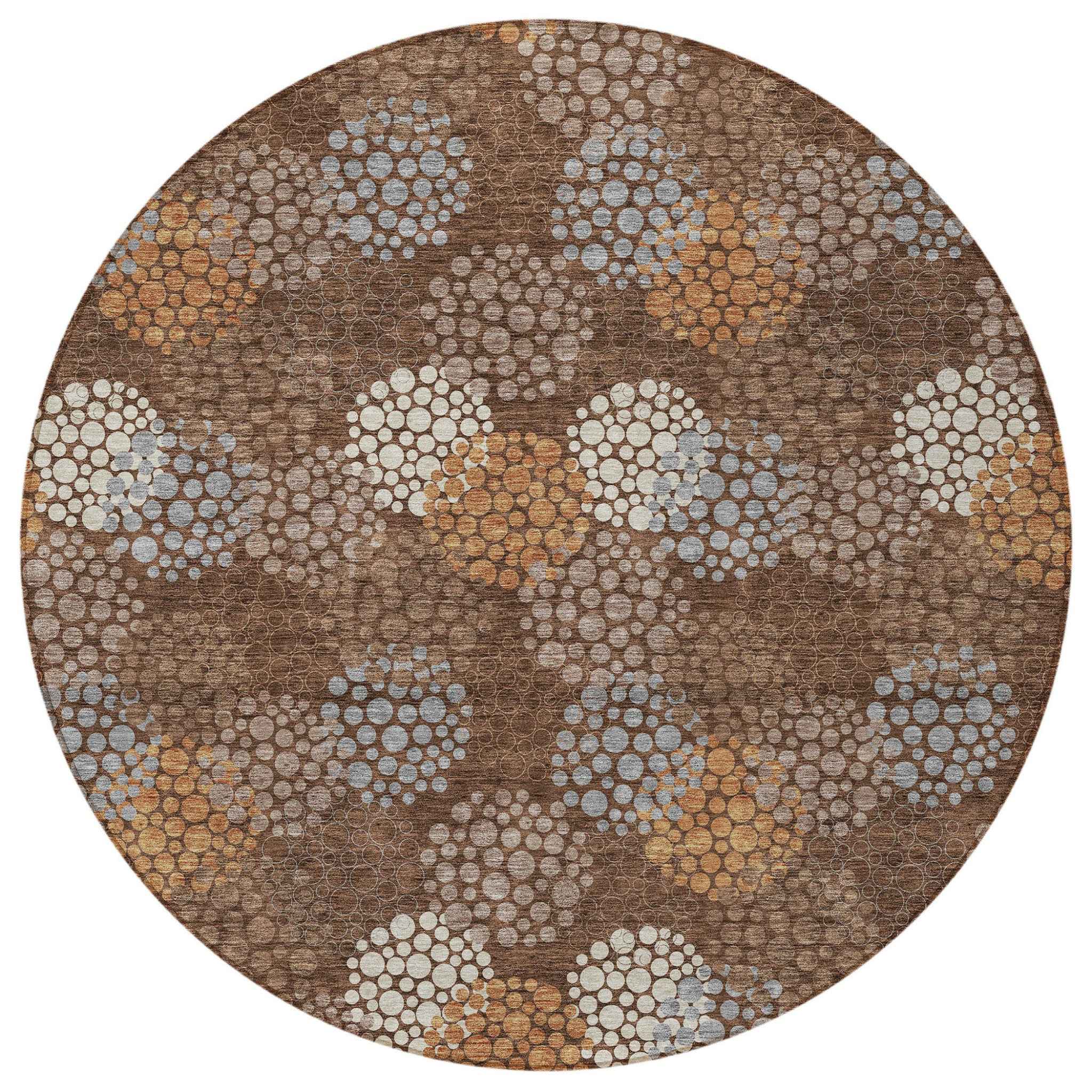 8' Brown Gray And Ivory Round Polka Dot Washable Indoor Outdoor Area Rug