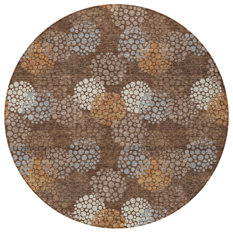 8' Brown Gray And Ivory Round Polka Dot Washable Indoor Outdoor Area Rug