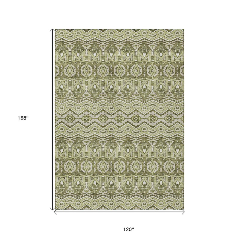 10' X 14' Artichoke Green Gray And Ivory Moroccan Washable Indoor Outdoor Area Rug