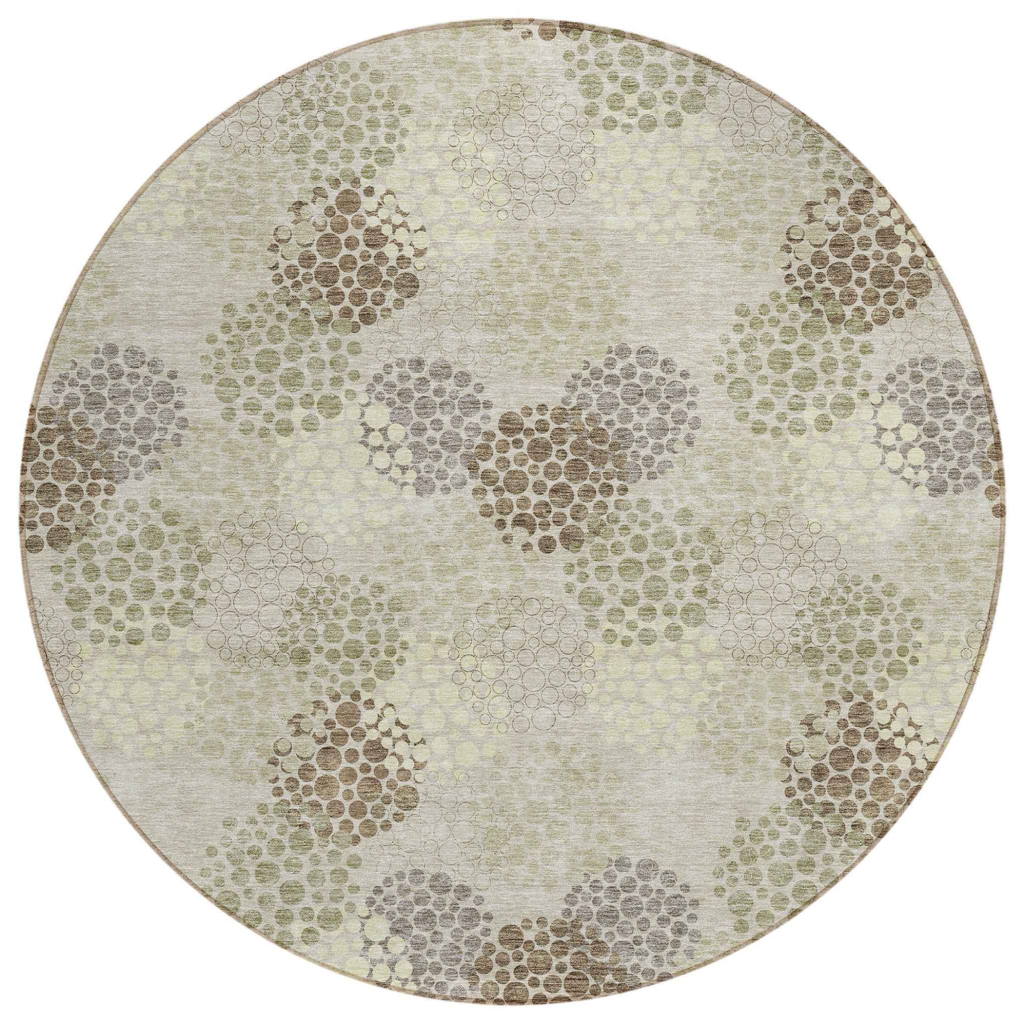 8' Beige Green And Ivory Round Polka Dot Washable Indoor Outdoor Area Rug
