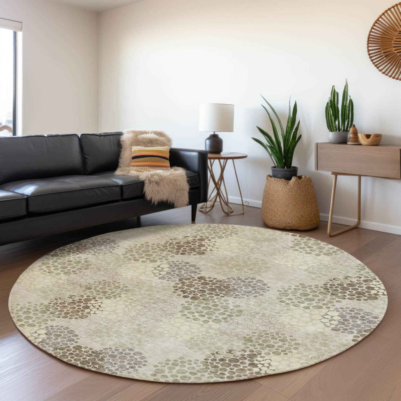 8' Beige Green And Ivory Round Polka Dot Washable Indoor Outdoor Area Rug