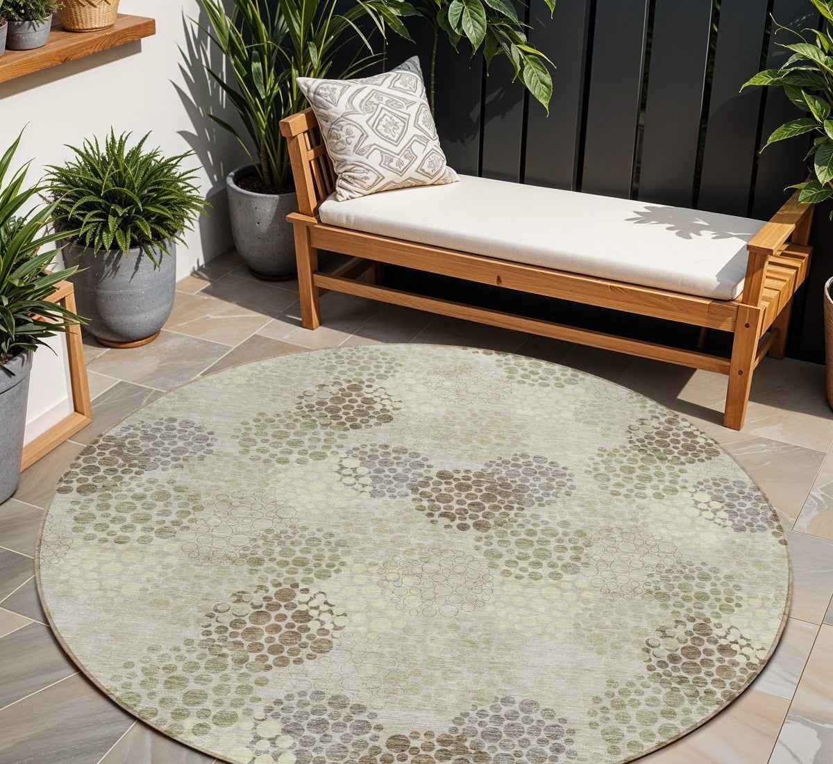 8' Beige Green And Ivory Round Polka Dot Washable Indoor Outdoor Area Rug