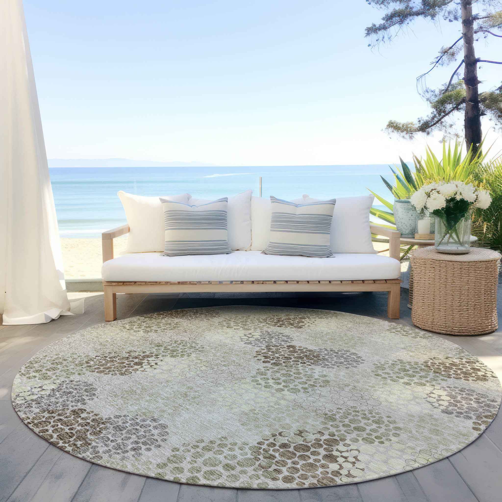 8' Beige Green And Ivory Round Polka Dot Washable Indoor Outdoor Area Rug