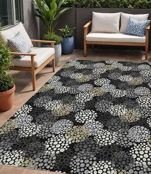 5' X 8' Black Gray And Ivory Polka Dot Washable Indoor Outdoor Area Rug