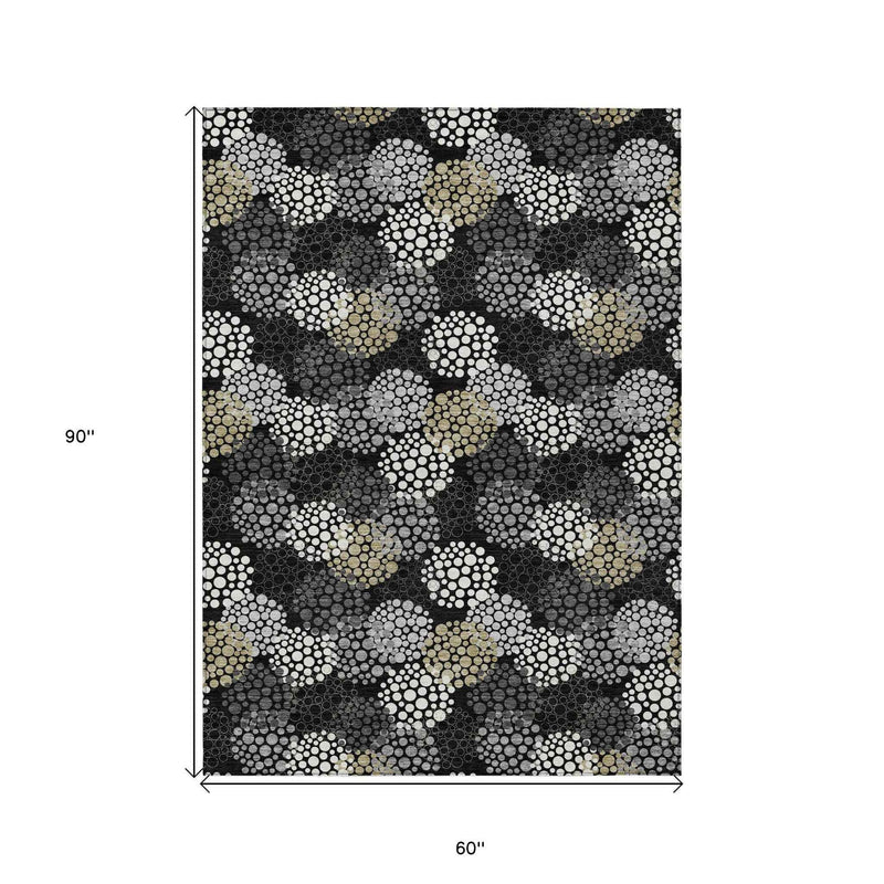 5' X 8' Black Gray And Ivory Polka Dot Washable Indoor Outdoor Area Rug