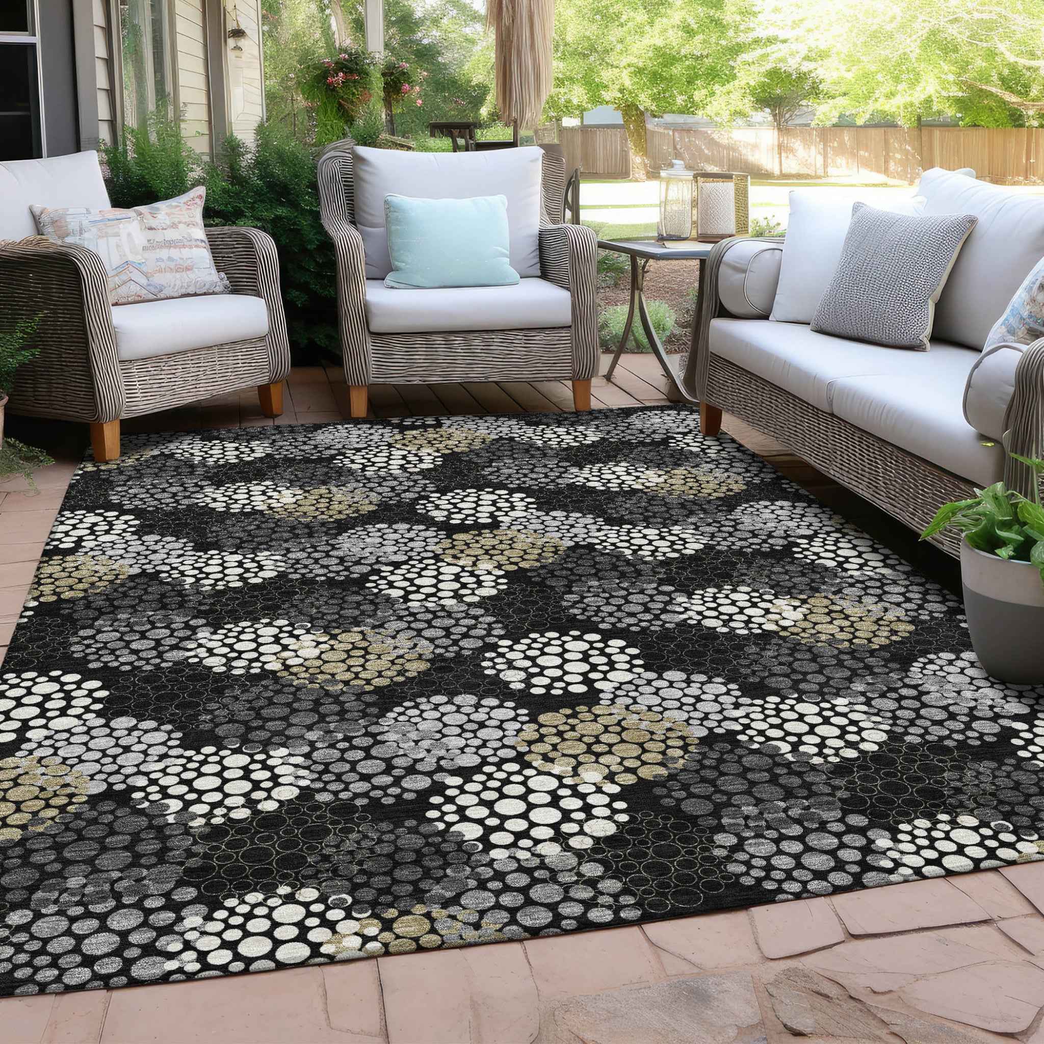 5' X 8' Black Gray And Ivory Polka Dot Washable Indoor Outdoor Area Rug