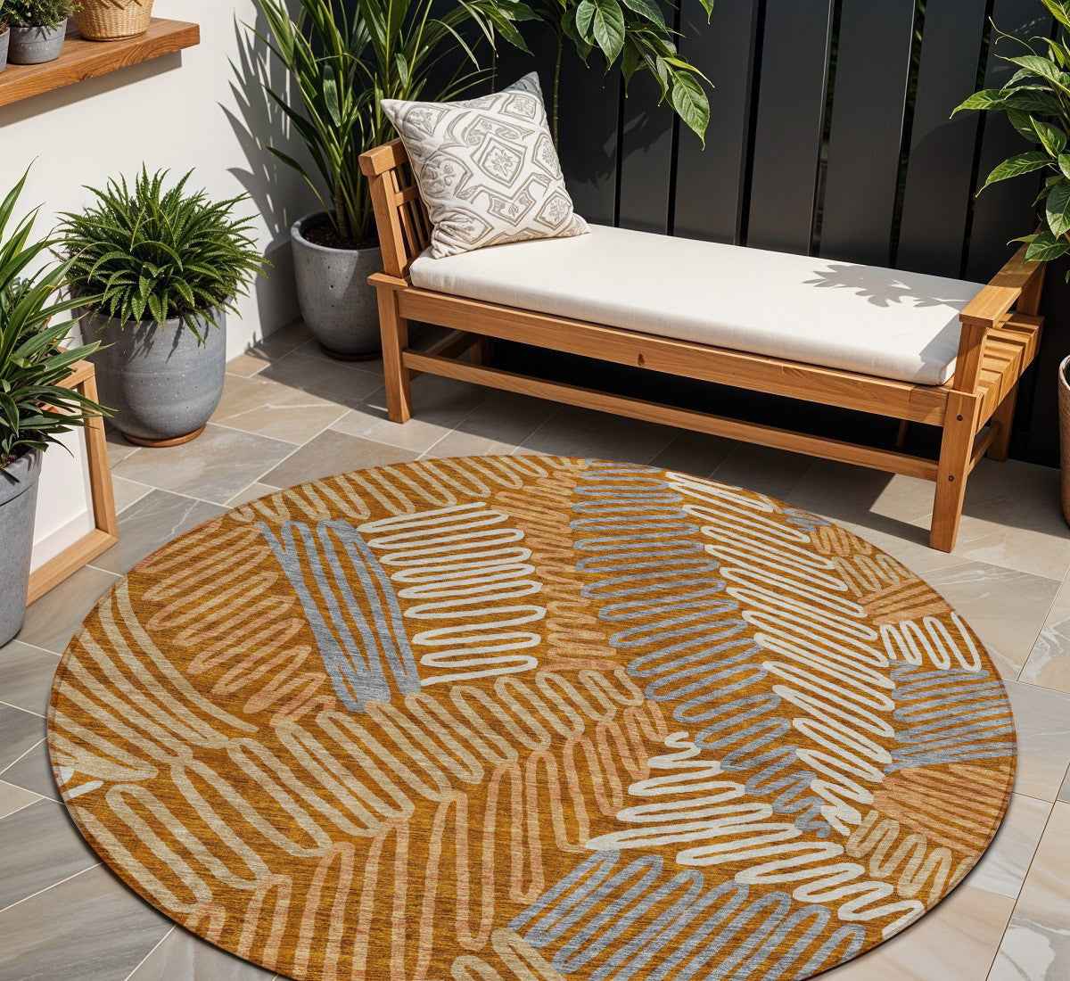 8' Orange Beige And Gray Round Floral Washable Indoor Outdoor Area Rug