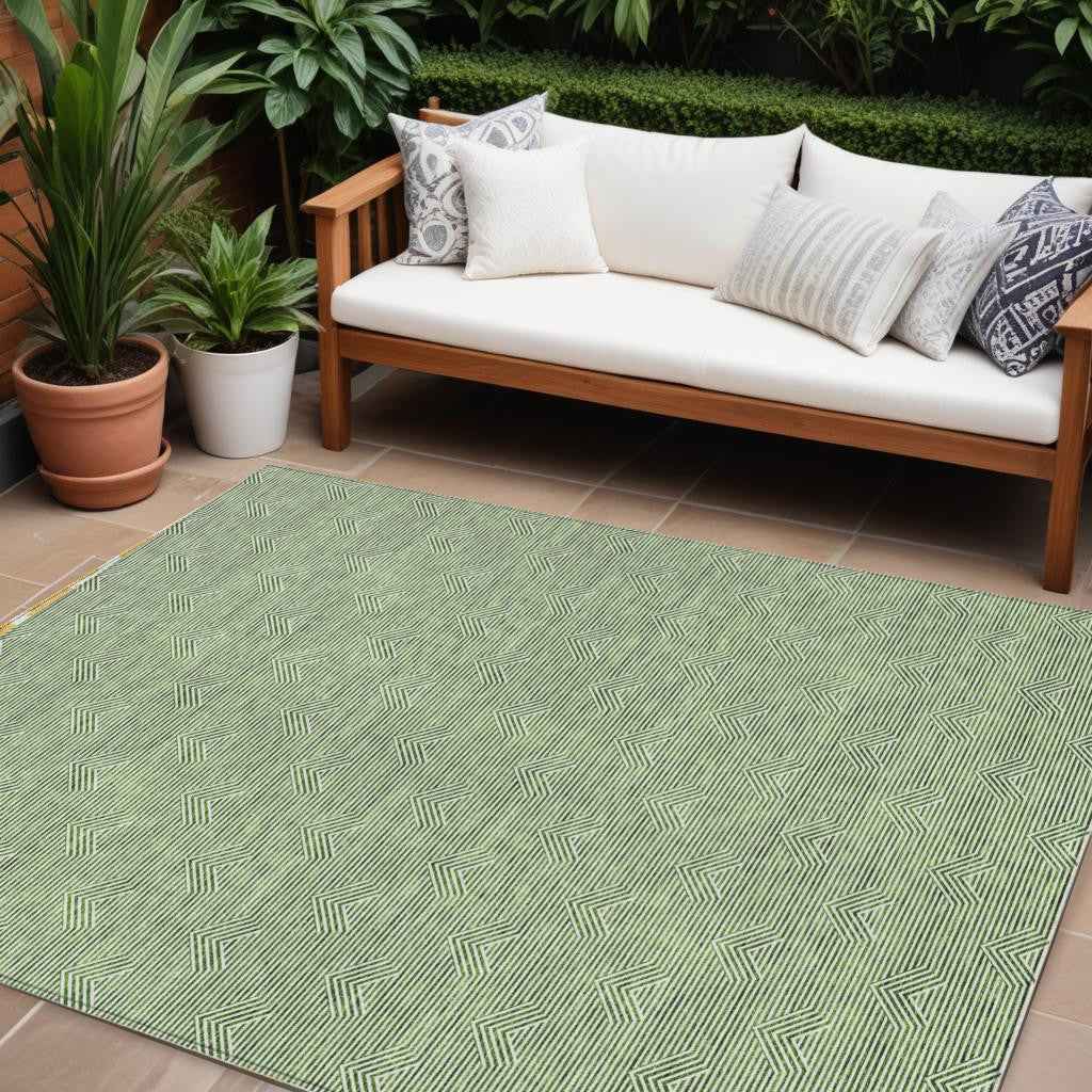 9' X 12' Green And Beige Geometric Washable Indoor Outdoor Area Rug