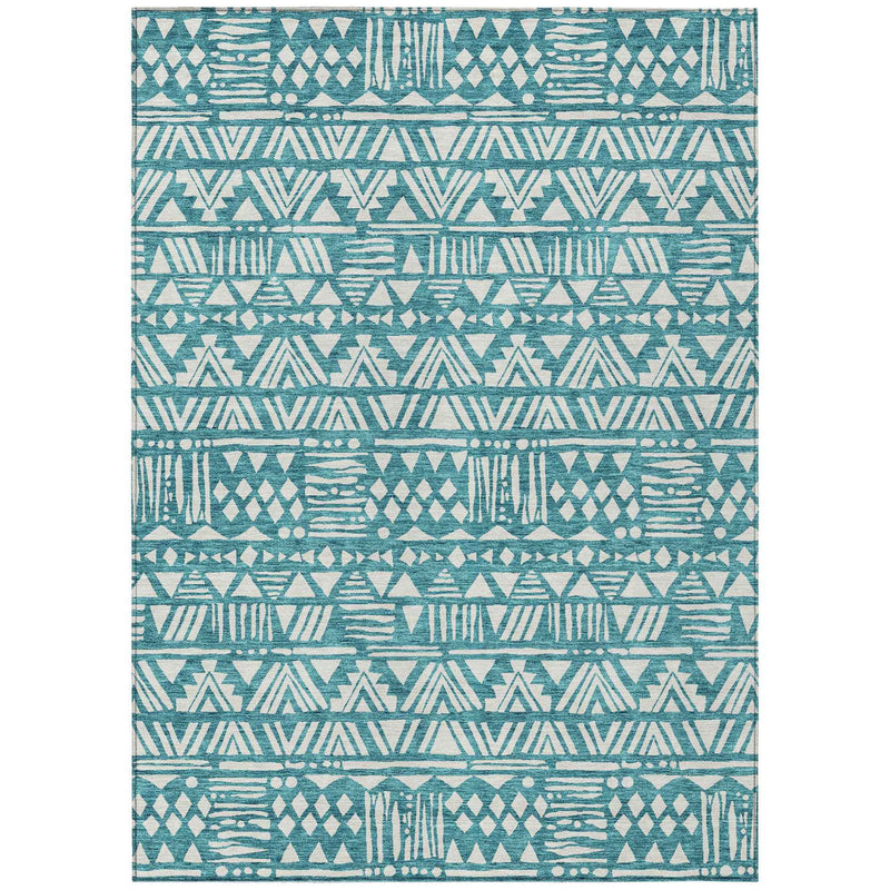 9' X 12' Teal Blue And Ivory Southwestern Washable Indoor Outdoor Area Rug