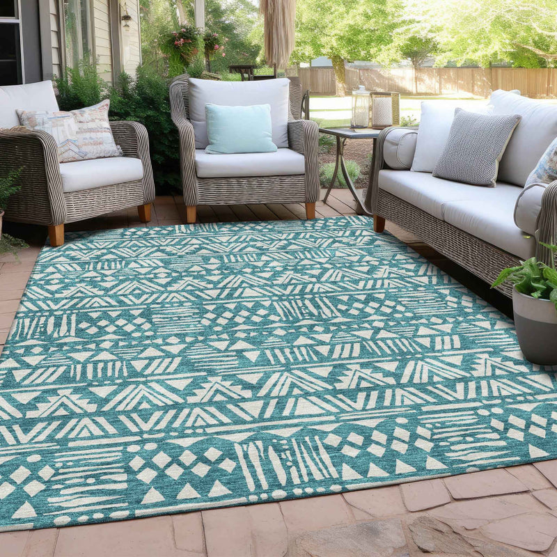 9' X 12' Teal Blue And Ivory Southwestern Washable Indoor Outdoor Area Rug