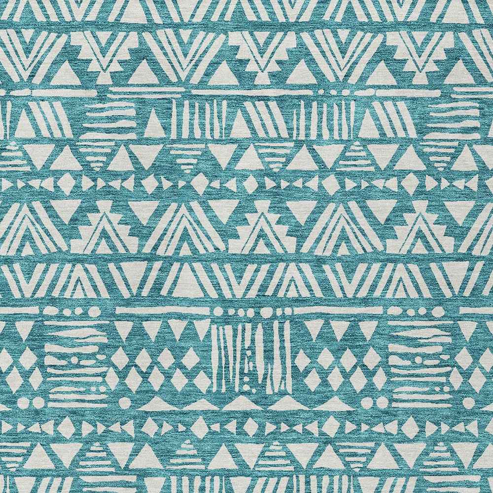 9' X 12' Teal Blue And Ivory Southwestern Washable Indoor Outdoor Area Rug