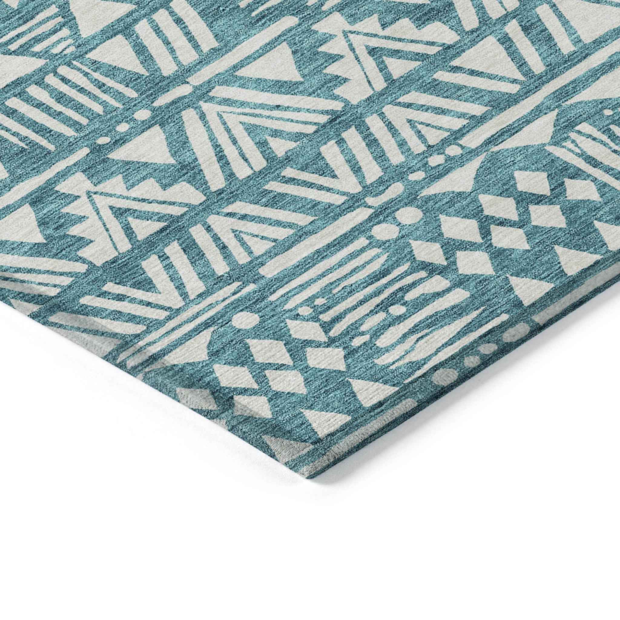 9' X 12' Teal Blue And Ivory Southwestern Washable Indoor Outdoor Area Rug