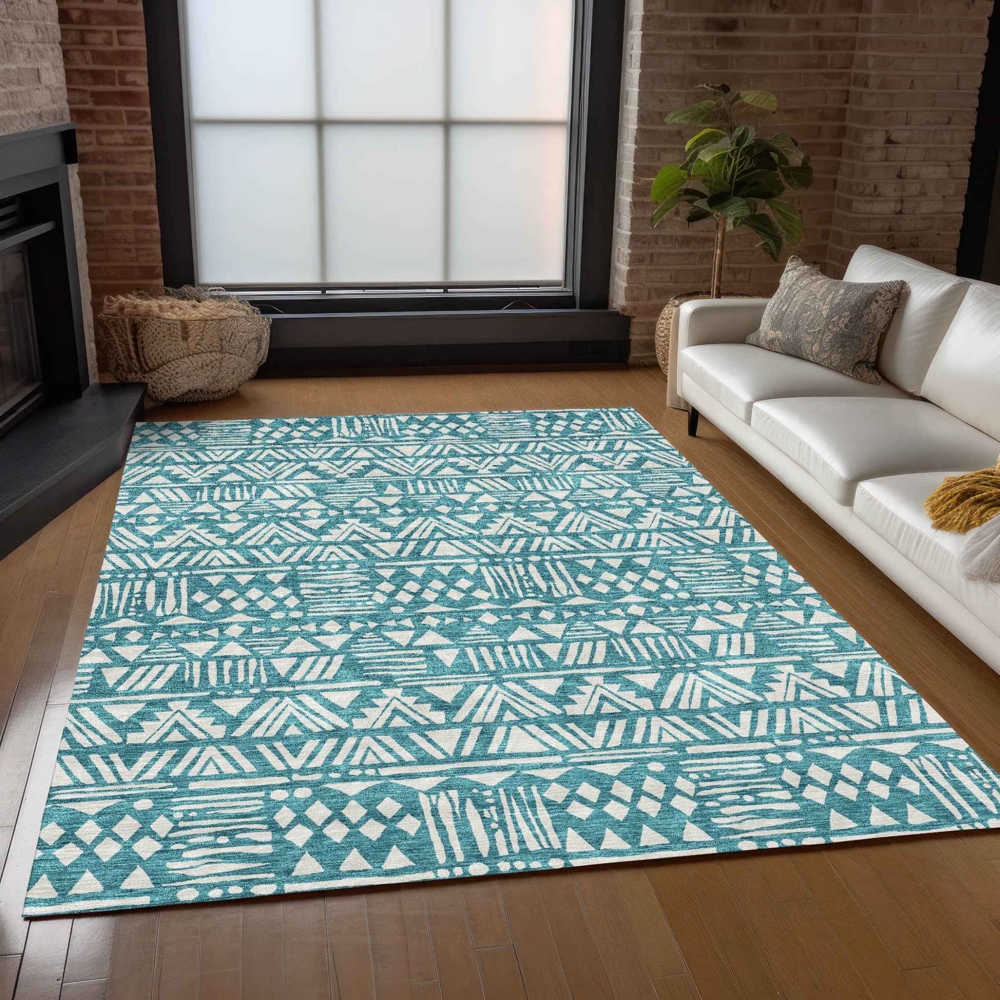 9' X 12' Teal Blue And Ivory Southwestern Washable Indoor Outdoor Area Rug