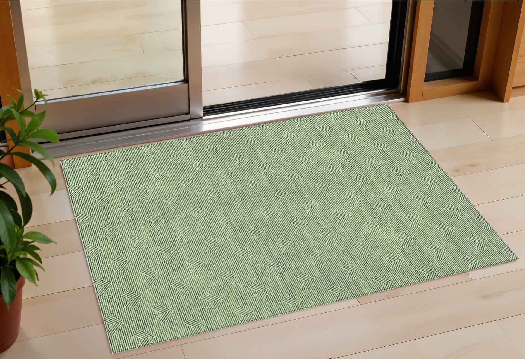 3' X 5' Green And Beige Geometric Washable Indoor Outdoor Area Rug