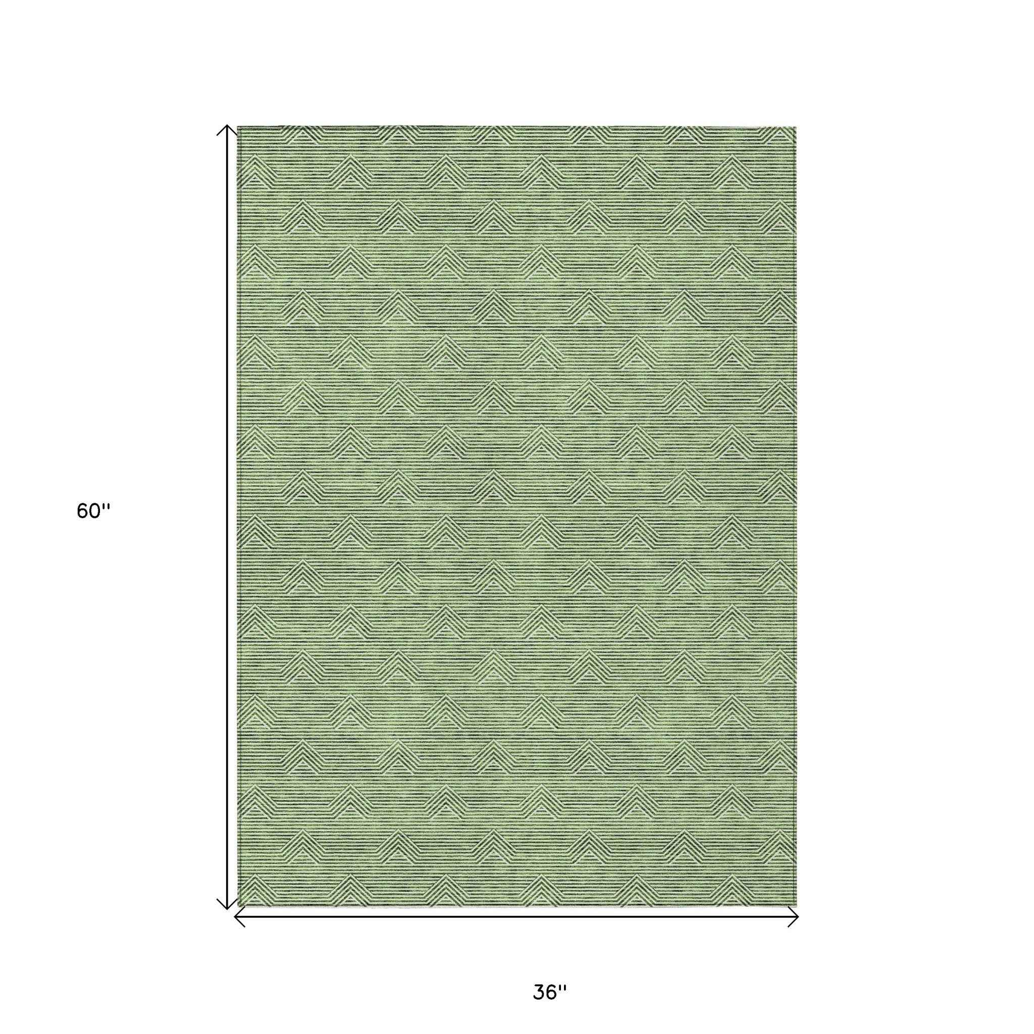 3' X 5' Green And Beige Geometric Washable Indoor Outdoor Area Rug