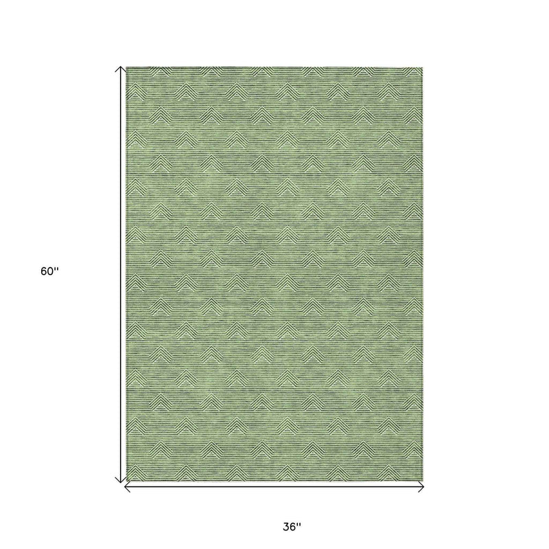 3' X 5' Green And Beige Geometric Washable Indoor Outdoor Area Rug