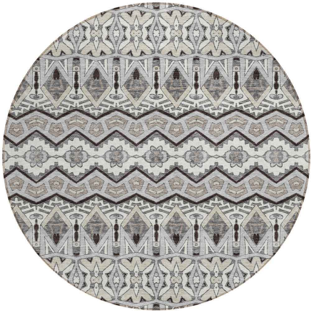 8' Gray Brown And Ivory Round Moroccan Washable Indoor Outdoor Area Rug
