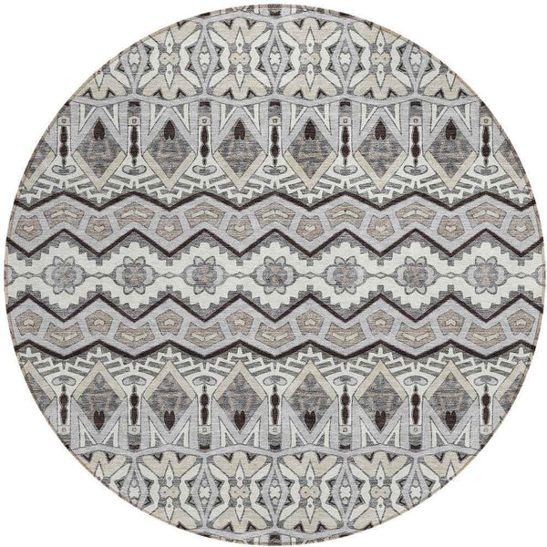 8' Gray Brown And Ivory Round Moroccan Washable Indoor Outdoor Area Rug