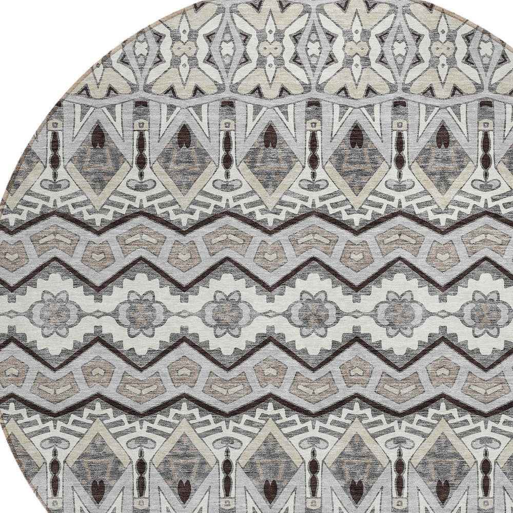 8' Gray Brown And Ivory Round Moroccan Washable Indoor Outdoor Area Rug