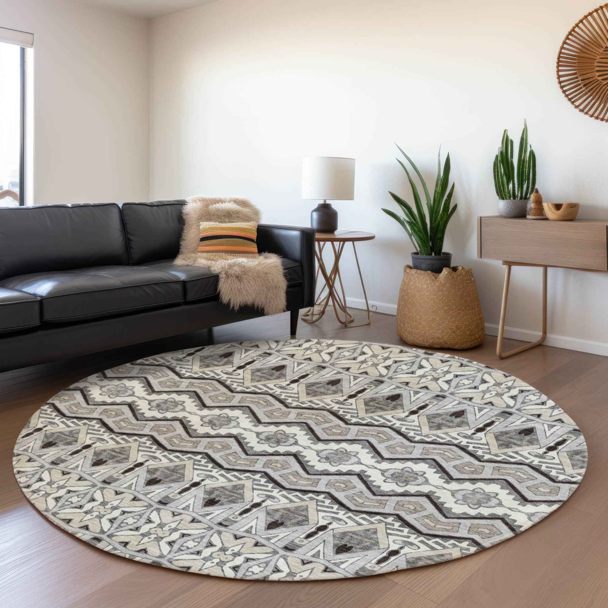 8' Gray Brown And Ivory Round Moroccan Washable Indoor Outdoor Area Rug