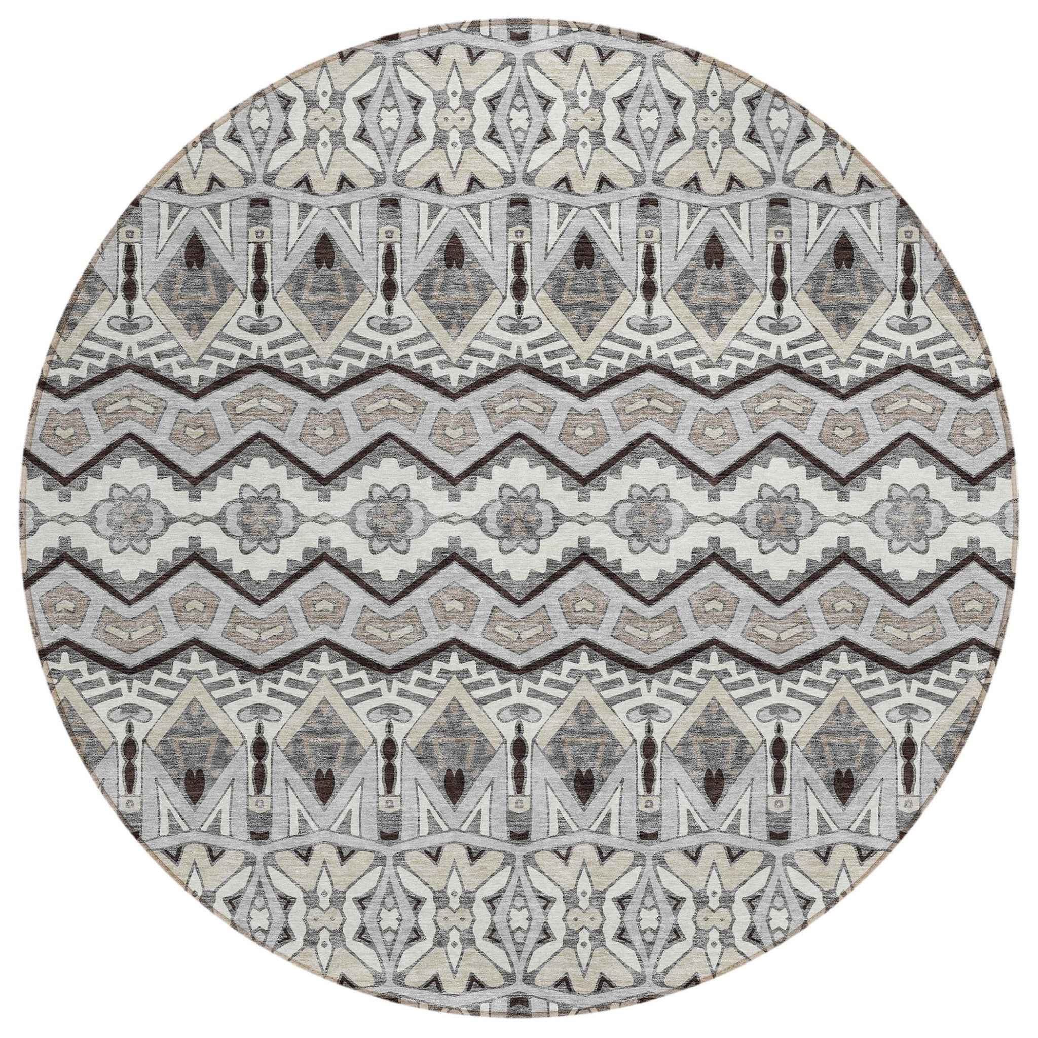 8' Gray Brown And Ivory Round Moroccan Washable Indoor Outdoor Area Rug
