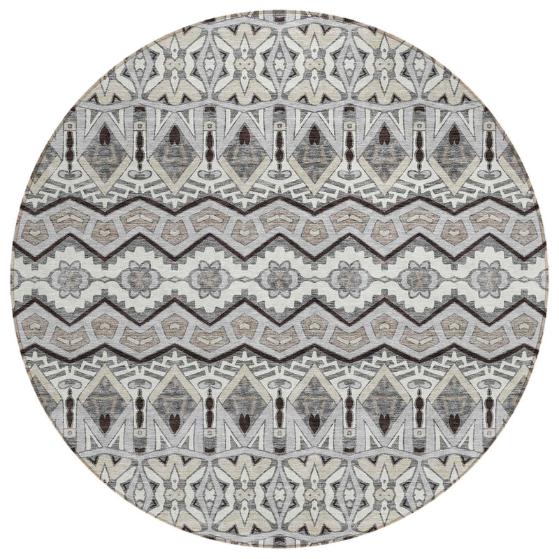 8' Gray Brown And Ivory Round Moroccan Washable Indoor Outdoor Area Rug