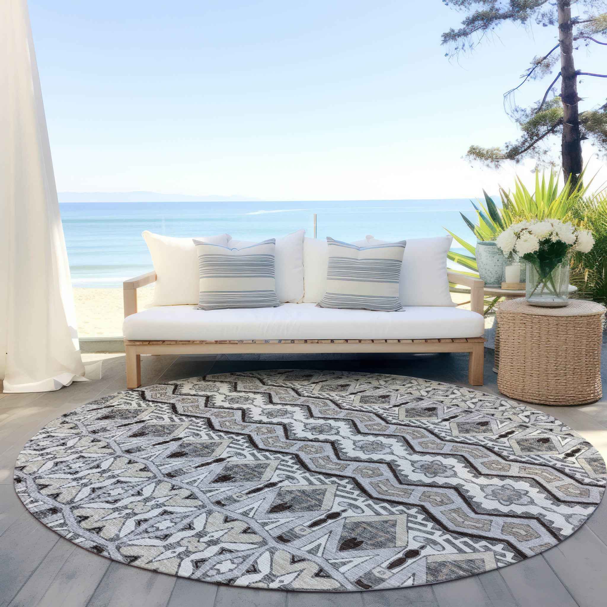 8' Gray Brown And Ivory Round Moroccan Washable Indoor Outdoor Area Rug