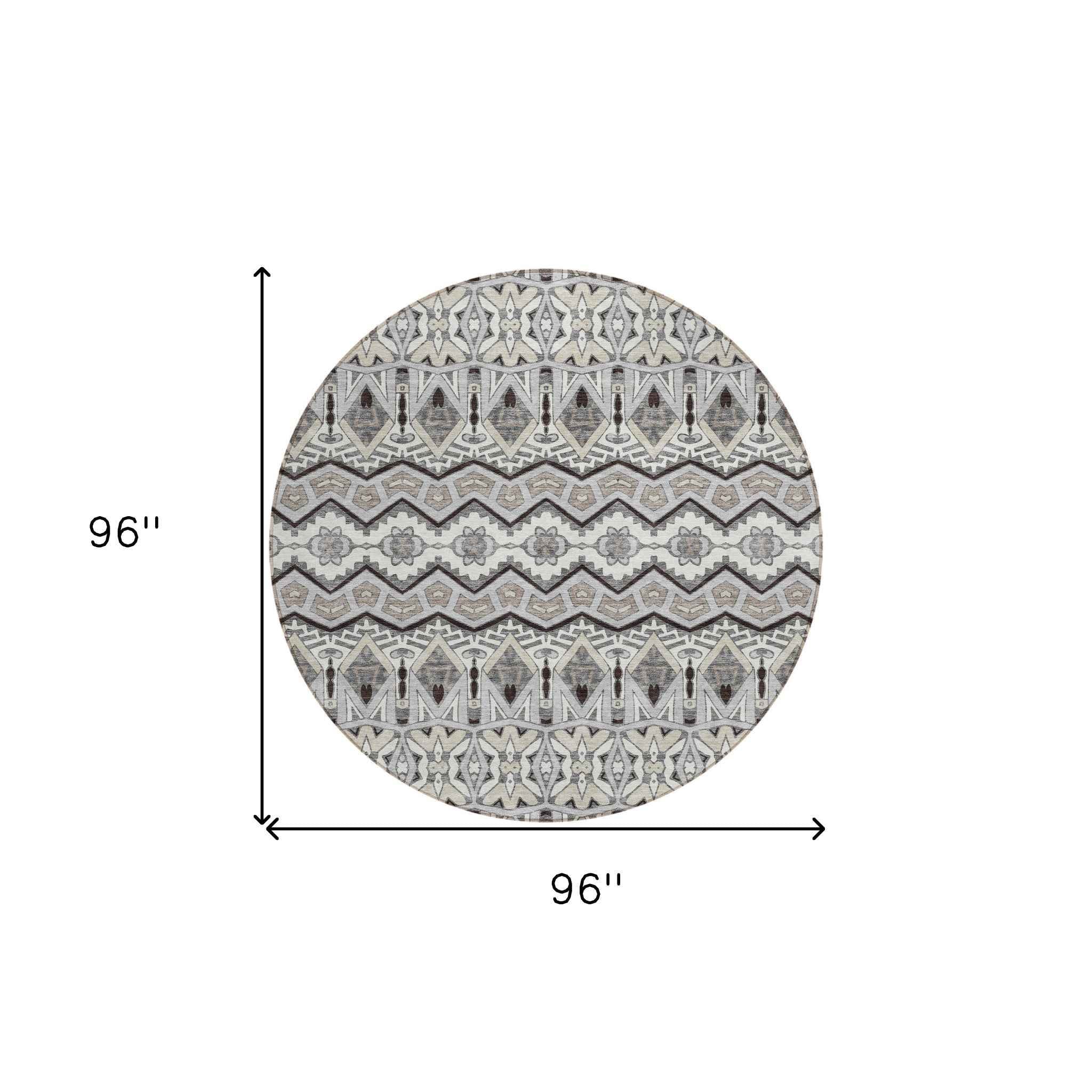 8' Gray Brown And Ivory Round Moroccan Washable Indoor Outdoor Area Rug