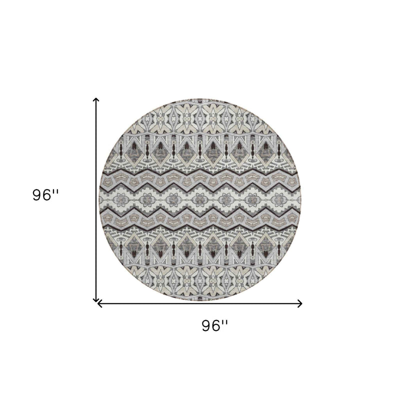 8' Gray Brown And Ivory Round Moroccan Washable Indoor Outdoor Area Rug